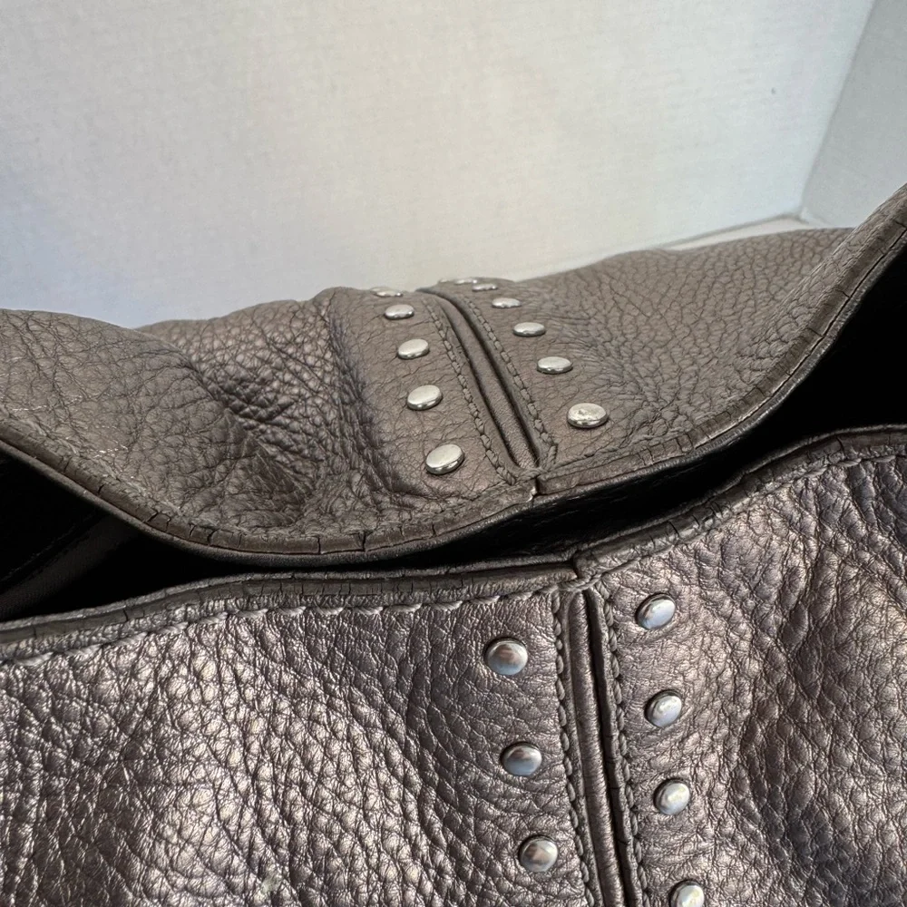 Michael Kors Metallic Gray Leather Studded Chain Strap Satchel Shoulder Bag